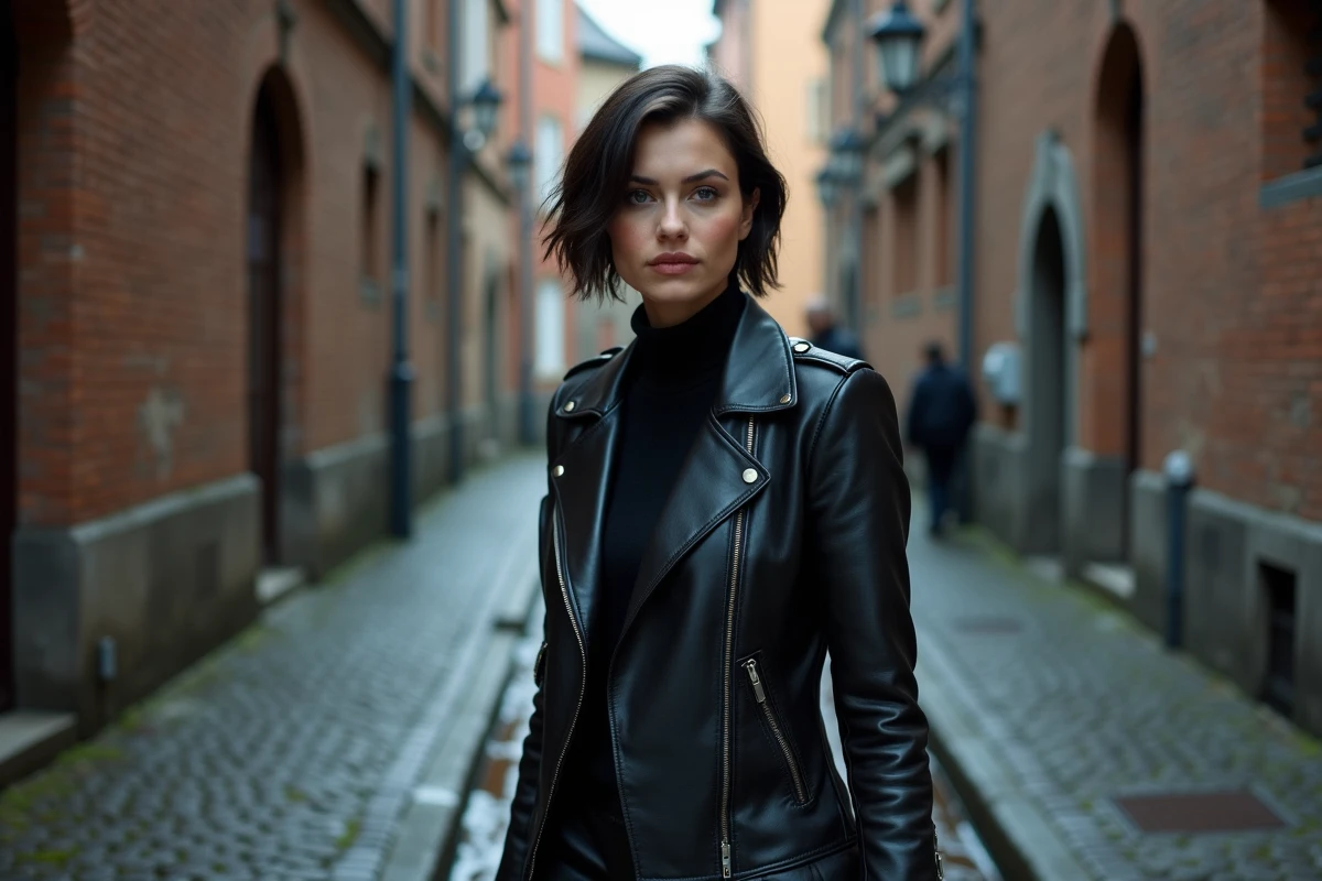 Jeune actrice en veste noire marchant dans une ruelle pavée européenne évoquant l'univers de Black Widow