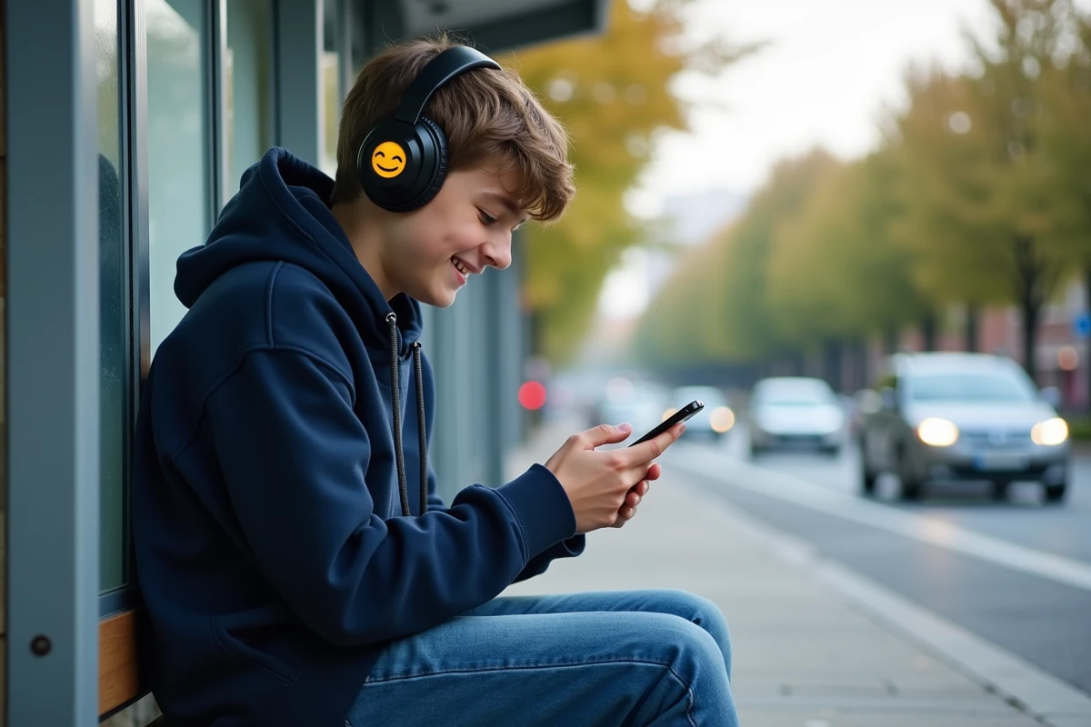 Adolescent avec casque regardant son smartphone avec emoticon Merci