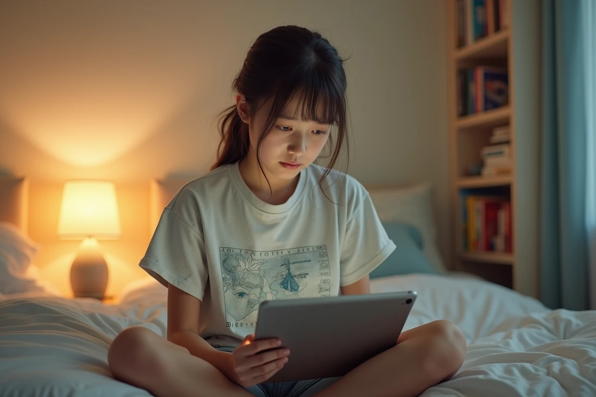 Adolescente méfiante consultant un site de scan One Piece sur tablette dans sa chambre avec des mangas en arrière-plan