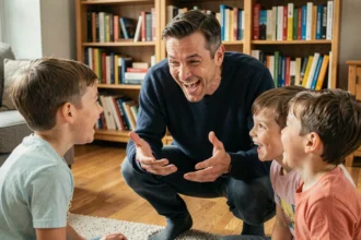 Un homme souriant raconte une blague à des enfants dans un salon chaleureux