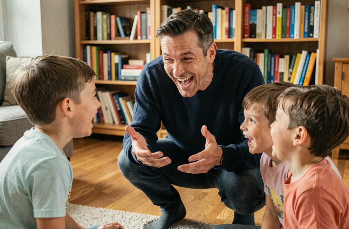 Un homme souriant raconte une blague à des enfants dans un salon chaleureux