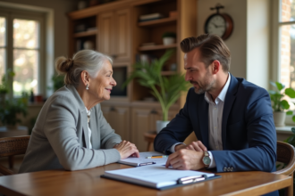 Agent immobilier expliquant des papiers à une propriétaire dans un salon chaleureux