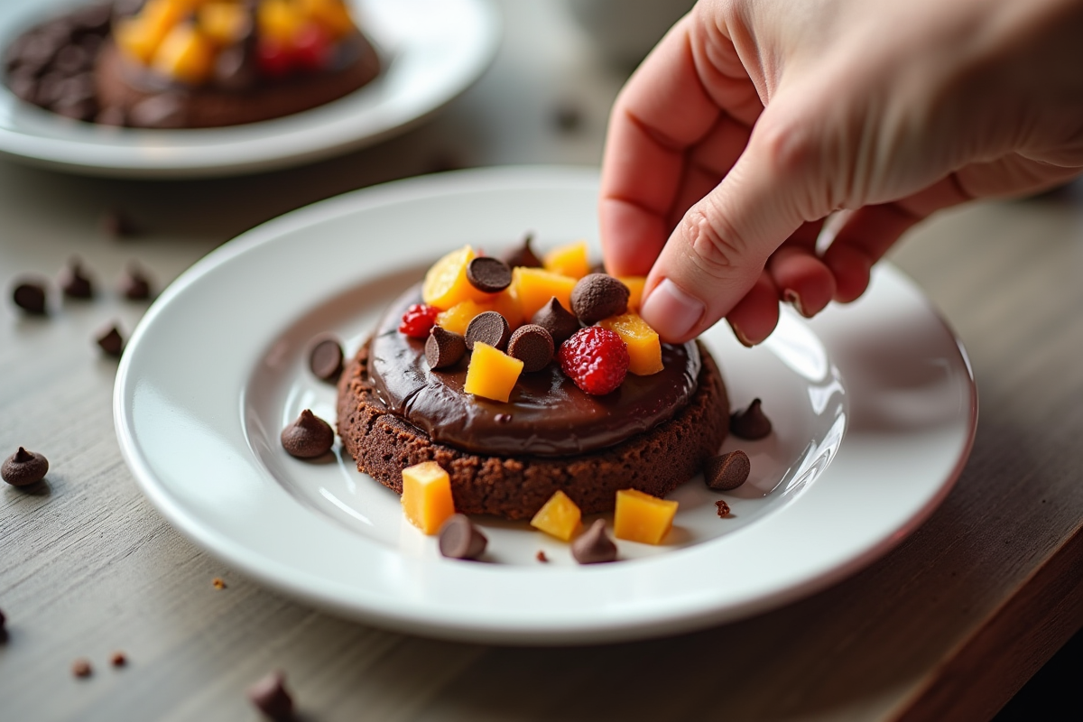 Mains ajoutant des fruits et chocolat sur un craquelin