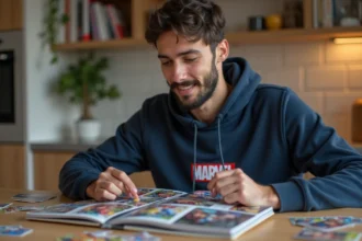 Jeune homme feuilletant l'album de stickers Marvel Leclerc 2026 à une table en bois dans un appartement moderne