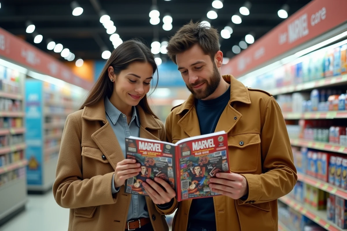 Deux adultes comparant leur album Marvel Leclerc 2026 dans le rayon d'un supermarché français