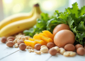 Aliments riches en vitamine B sur table blanche