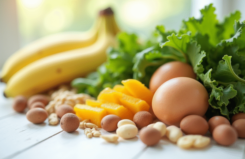 Aliments riches en vitamine B sur table blanche