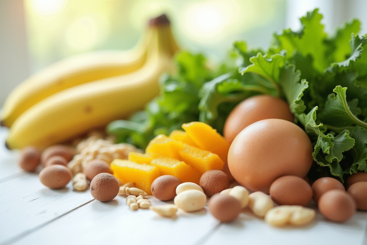 Aliments riches en vitamine B sur table blanche