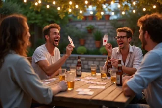 Groupe d'amis expliquant les règles d'un jeu de cartes autour d'une table en bois dans un jardin lors d'une soirée estivale