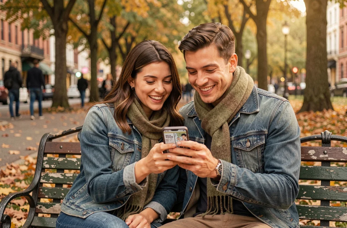 Deux amis découvrant ensemble une application de lecture de manga sur smartphone dans un parc urbain en automne