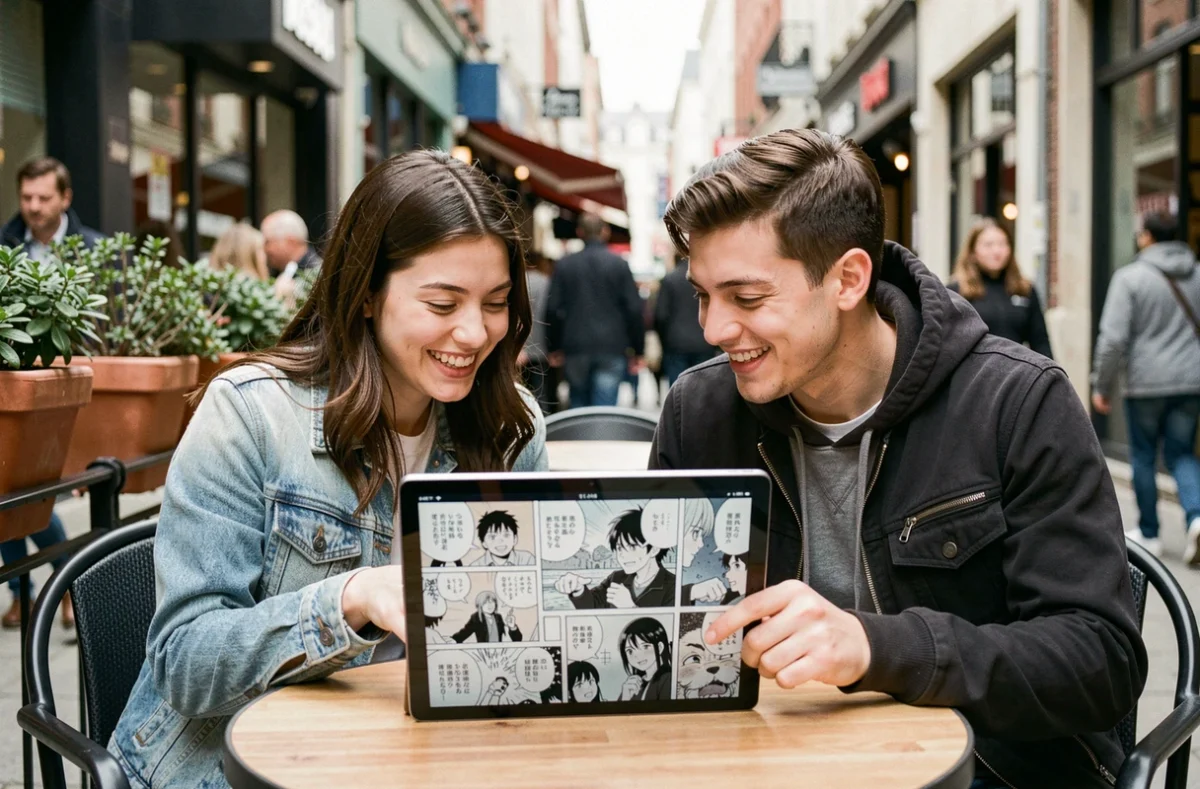 Deux amis partageant la lecture d'un scan manga sur une tablette en terrasse de café en ville