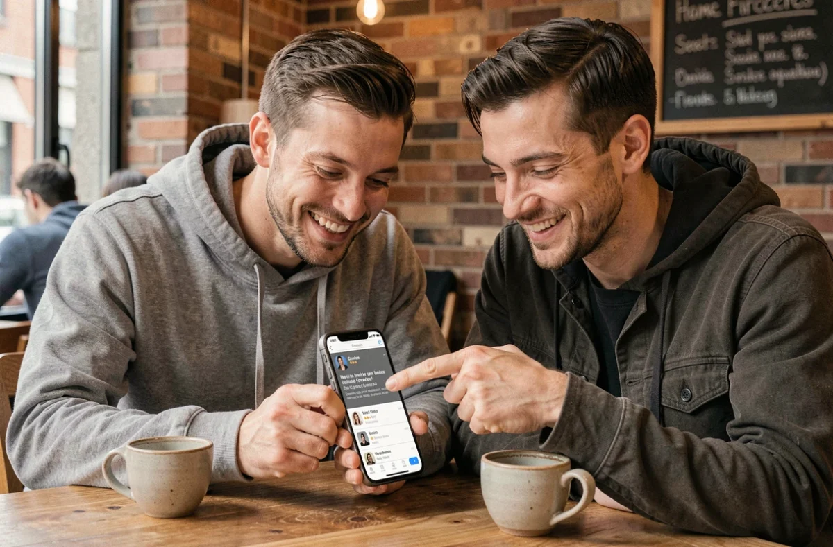 Deux amis redécouvrant ensemble d'anciens topics cultes de forum sur smartphone dans un café urbain