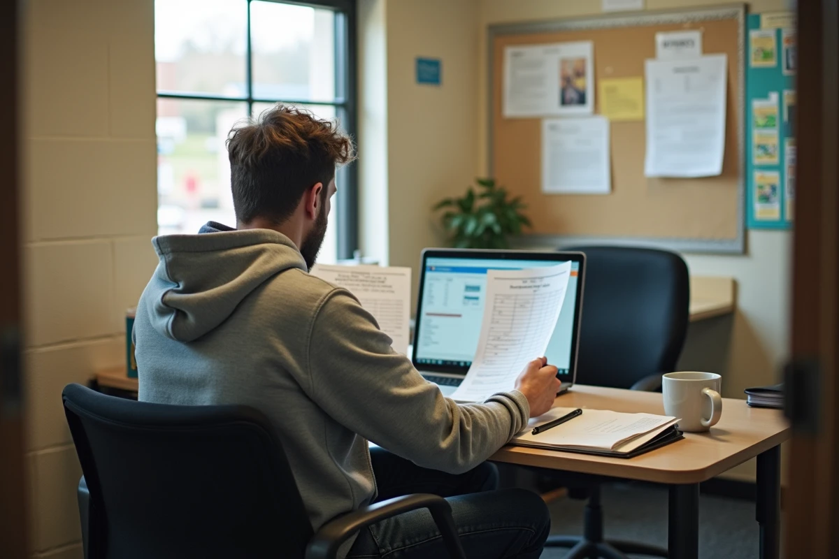 Animateur jeunesse consultant un planning hebdomadaire dans un bureau administratif de centre municipal