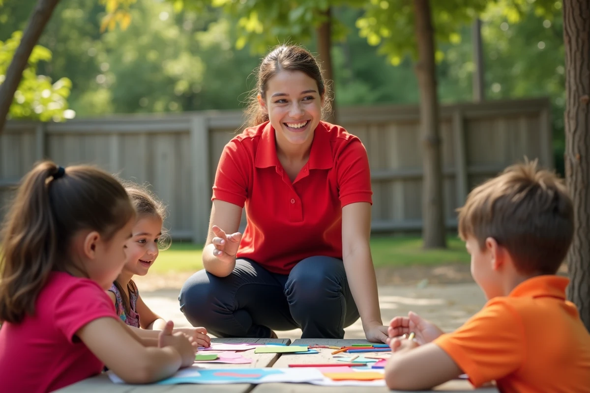 Animatrice jeunesse en polo rouge encadrant des enfants lors d'une activité créative en plein air dans un parc public