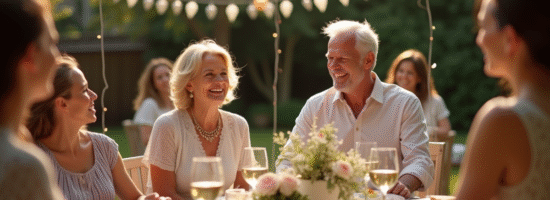 Couple mature riant lors d'une fête de mariage dans un jardin