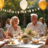 Couple mature riant lors d'une fête de mariage dans un jardin