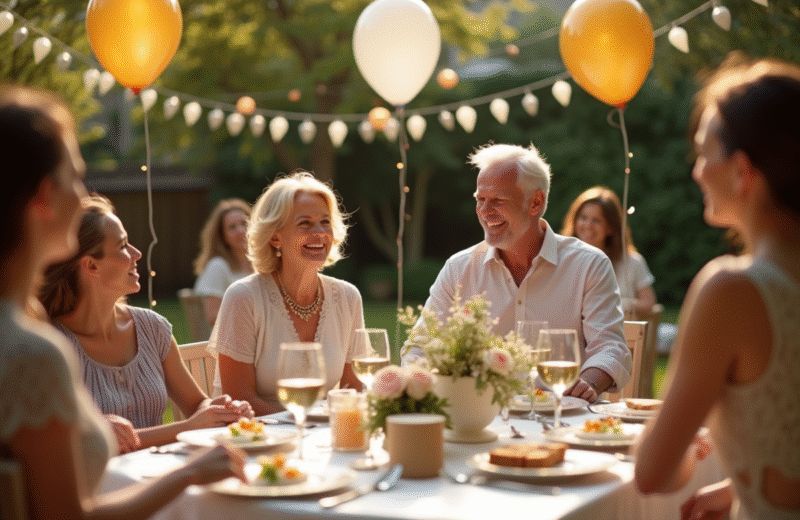 Couple mature riant lors d'une fête de mariage dans un jardin