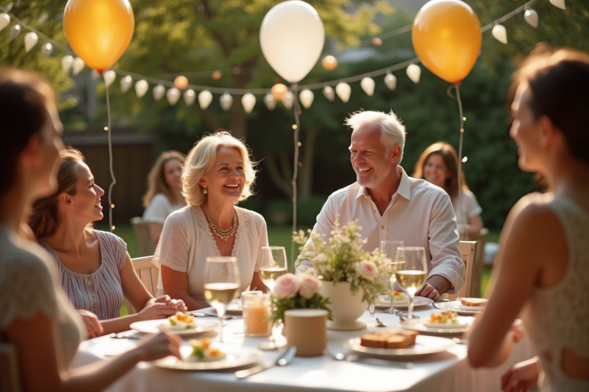 Couple mature riant lors d'une fête de mariage dans un jardin