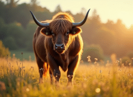Aurochs puissant dans une prairie ensoleillee