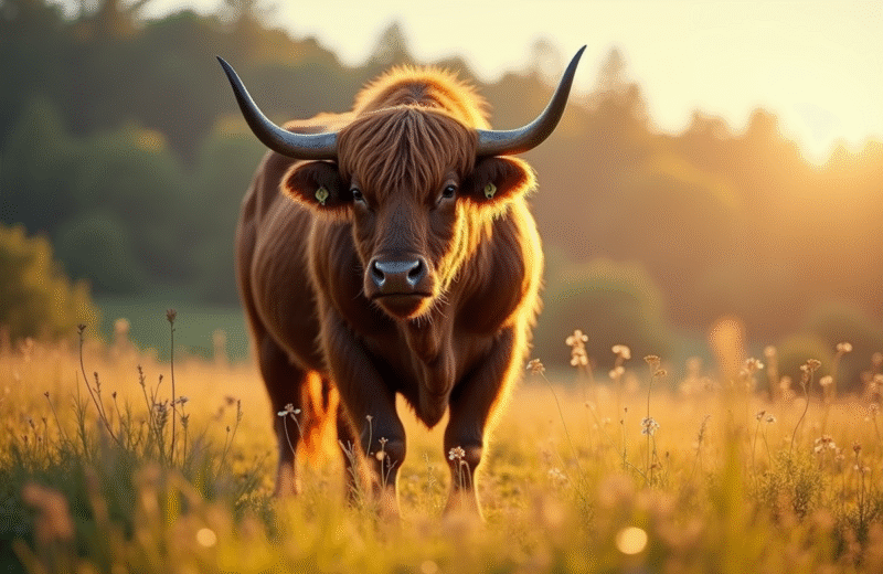 Aurochs puissant dans une prairie ensoleillee