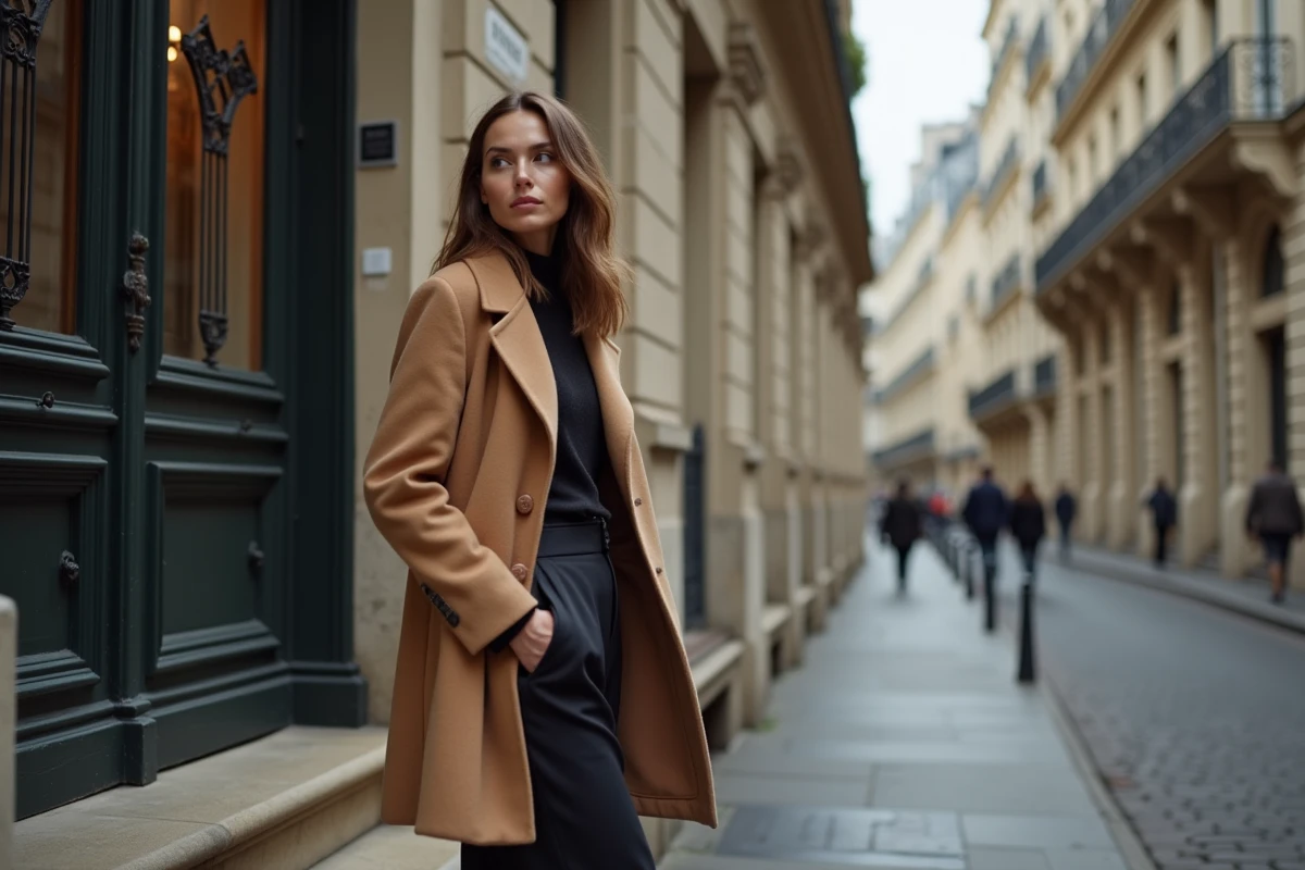 Femme française élégante devant un immeuble haussmannien parisien, portrait biographique évoquant les origines et la vie d'Aurore Malval