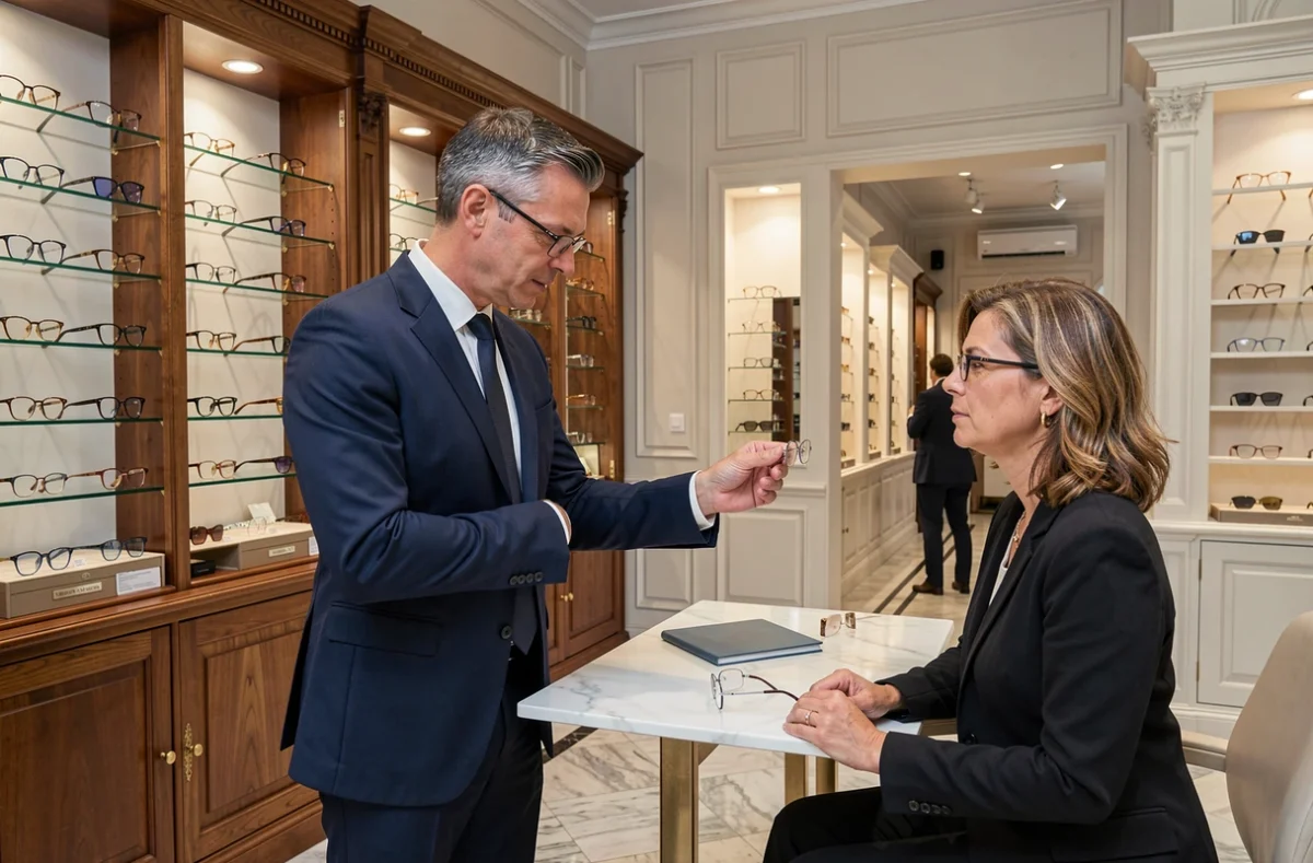 Balouzat Opticiens à Orléans, un opticien en costume présentant des montures de lunettes à une cliente dans un cadre élégant