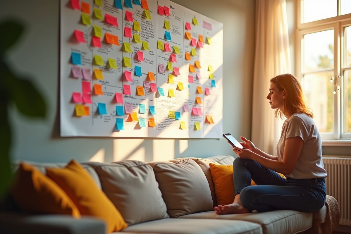 Personne faisant un brainstorming avec des notes colorées sur un mur lumineux