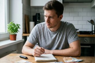 Jeune homme calculant son budget mensuel tabac avec une puff jetable et des billets en euros sur une table en bois