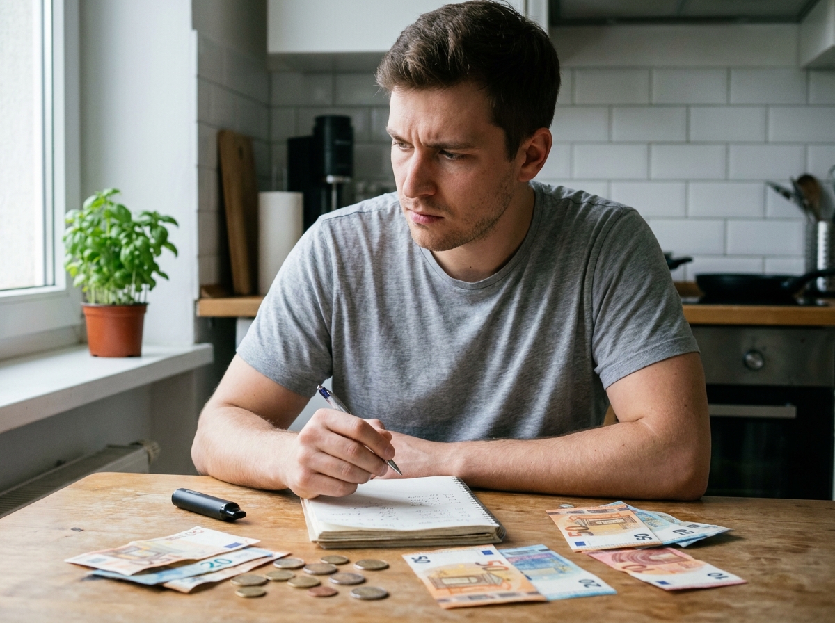 Jeune homme calculant son budget mensuel tabac avec une puff jetable et des billets en euros sur une table en bois