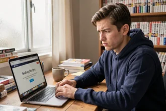 Jeune homme frustré devant un écran d'ordinateur portable affichant une erreur de lecture sur un site de manga