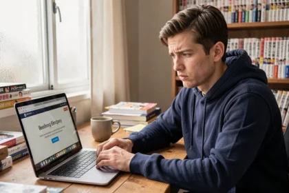 Jeune homme frustré devant un écran d'ordinateur portable affichant une erreur de lecture sur un site de manga