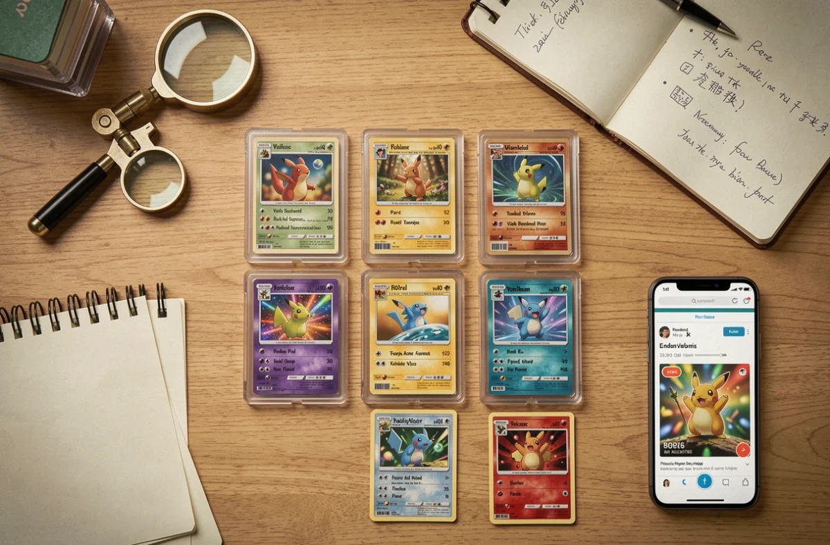 Vue à plat d'un bureau de collectionneur avec des cartes Pokémon rares gradées et des outils d'évaluation pour éviter les erreurs d'achat