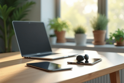 Espace de travail moderne avec ordinateur et plantes