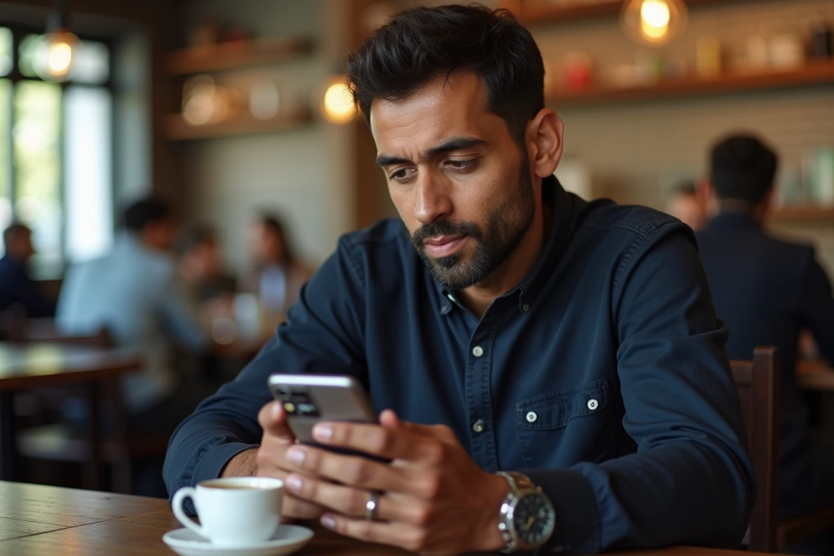 Homme consultant un outil de calcul de jours depuis sa naissance sur smartphone dans un café algérien