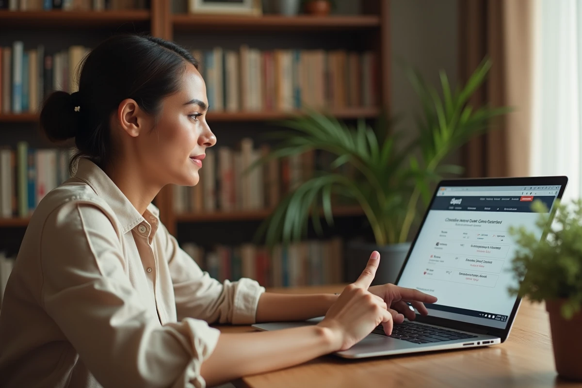 Femme algérienne utilisant un calculateur de jours depuis la naissance sur un ordinateur portable à domicile