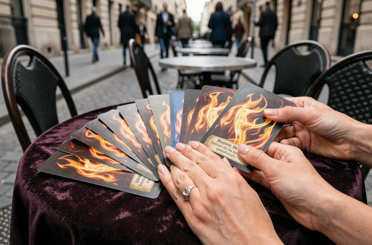 Mains féminines étalant des cartes Flammes Fantasmagoriques bilingues sur un tissu velours dans un café parisien