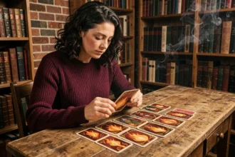 Femme étudiant des cartes Flammes Fantasmagoriques aux motifs dorés et cramoisés sur une table en bois dans une bibliothèque cosy