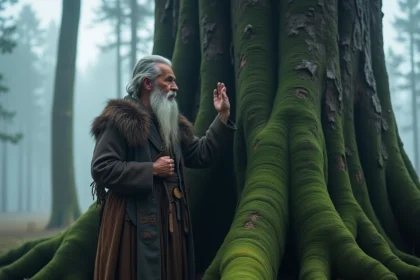 Chaman nordique vêtu d'une cape en laine appuyant ses mains sur le tronc d'un immense frêne ancestral dans une forêt scandinave brumeuse