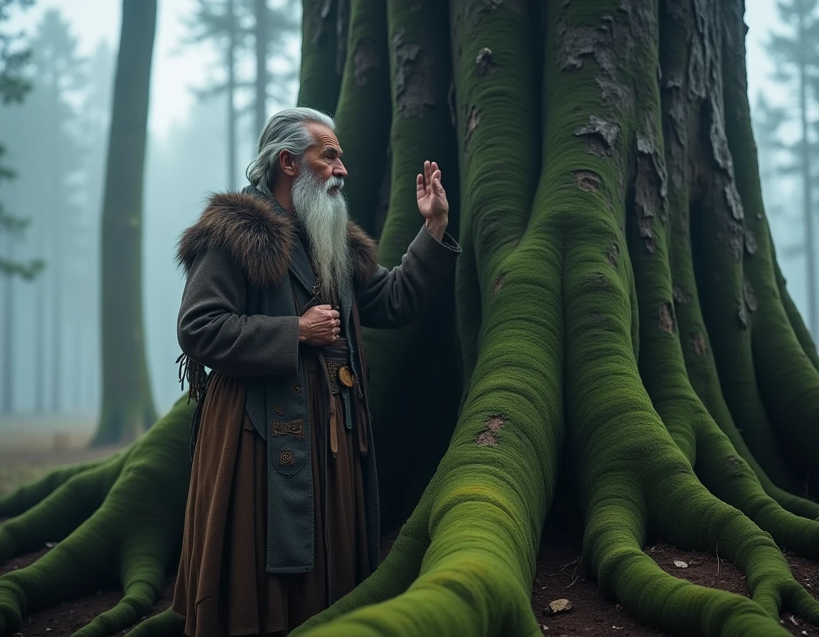 Chaman nordique vêtu d'une cape en laine appuyant ses mains sur le tronc d'un immense frêne ancestral dans une forêt scandinave brumeuse