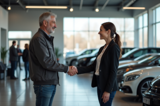Homme et vendeuse de voiture souriants lors d'un échange dans un concessionnaire