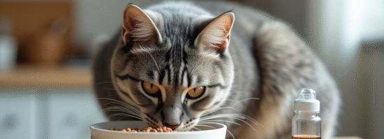 Chat tigré mange dans un bol en céramique propre avec nourriture saine