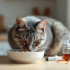 Chat tigré mange dans un bol en céramique propre avec nourriture saine