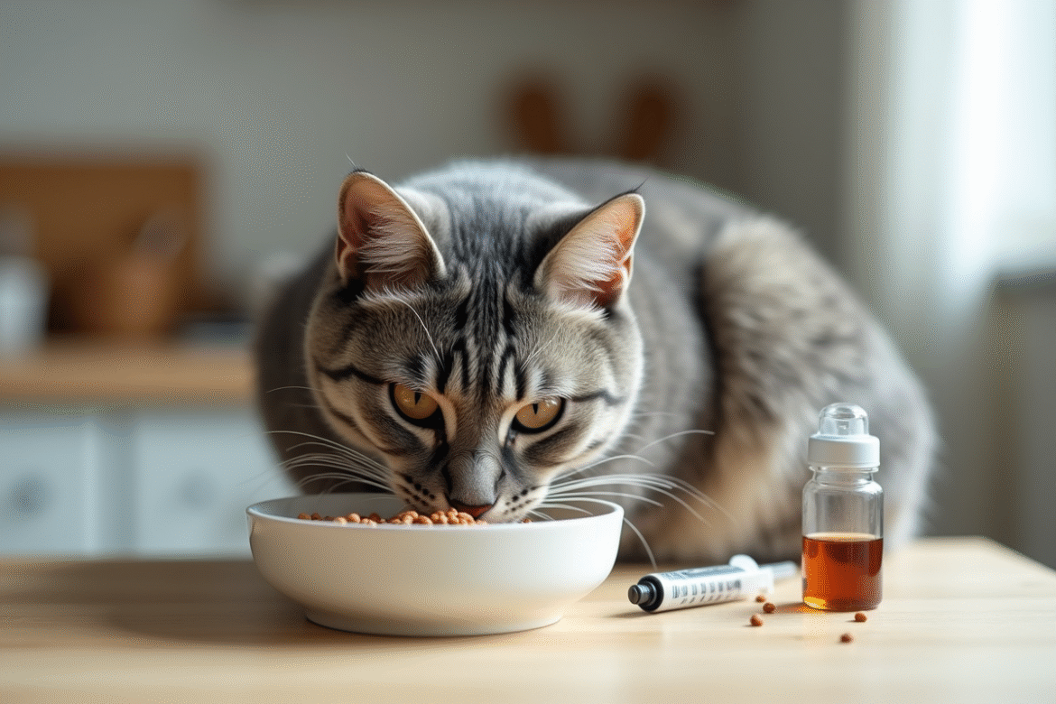Chat tigré mange dans un bol en céramique propre avec nourriture saine