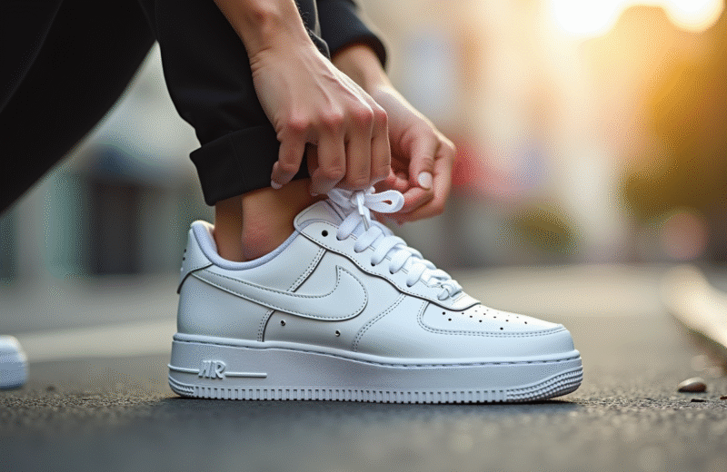 Main d'une femme nouant des Nike Air Force One blanches en extérieur