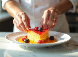 Chef dressant un dessert de fruits en forme de V sur une assiette blanche
