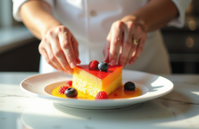 Chef dressant un dessert de fruits en forme de V sur une assiette blanche