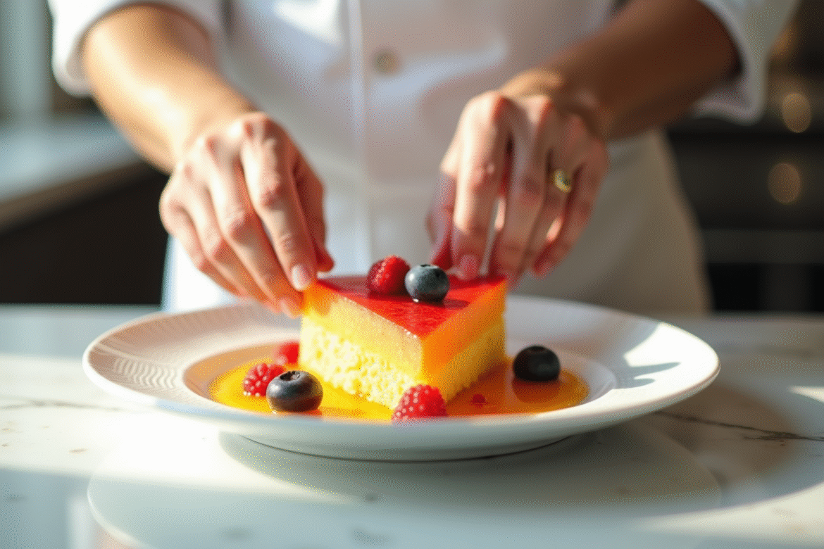 Chef dressant un dessert de fruits en forme de V sur une assiette blanche