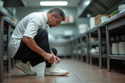 Chef en uniforme blanc nouant ses chaussures de sécurité dans la cuisine