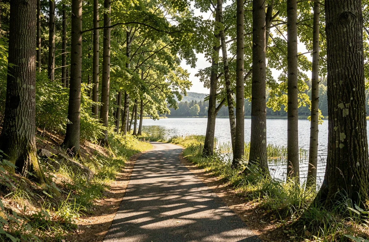 Chemin en lisière de forêt entre la gare et la base de loisirs