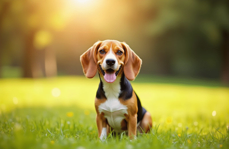 Beagle souriant sur pelouse en plein soleil